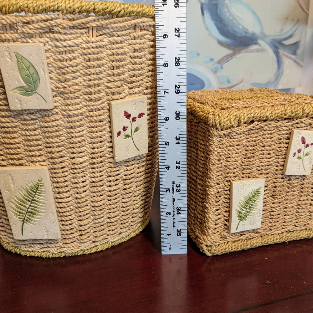 Woven Wicker Trash Can & Tall Tissue Box Cover Bohemian EUC Floral Tiles 2 Pcs